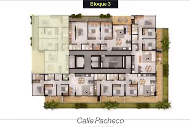 Plano arquitectónico del Bloque 3 mostrando distribución de apartamentos con áreas comunes y corredores.